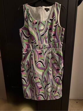 Tahari Purple, Green & White Printed Sleeveless Sheath Dress
